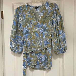 Talbots Olive Green and Light Blue Floral Wrap Blouse